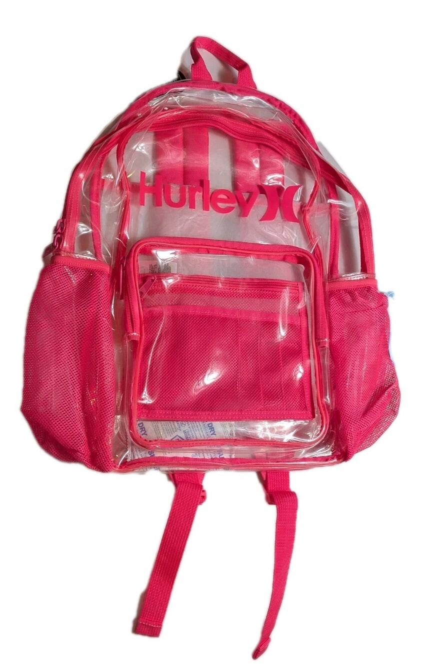 Hurley Clear See Through Backpack With Bottle Pocket Fits 15" Laptop Hyper Pink